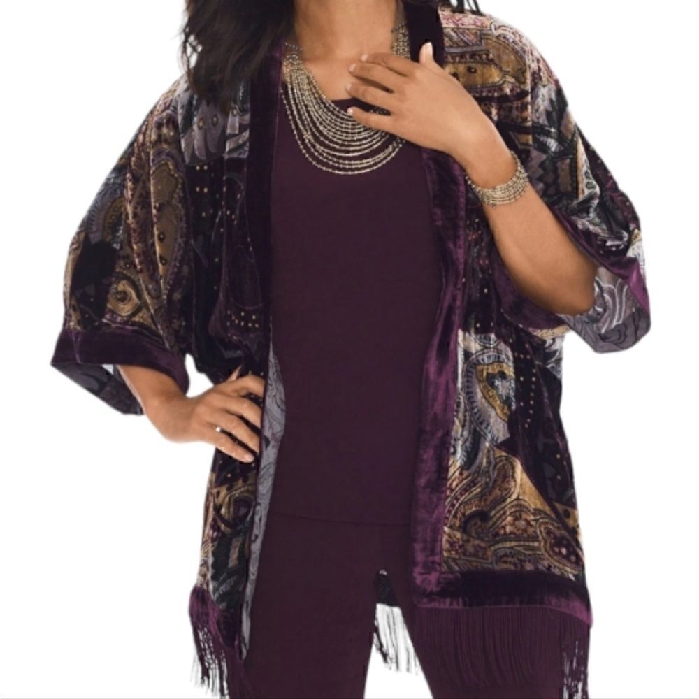 EC CHICO'S TRAVELER'S "VELVET BURNOUT" ABSTRACT KIMONO W/FRINGE SZ. L/XL